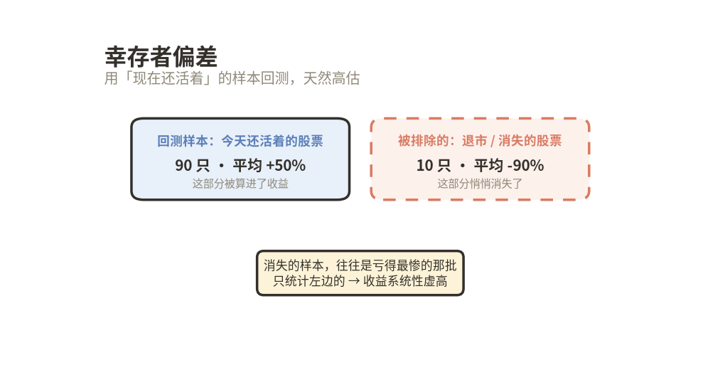 幸存者偏差：回测样本只有活着的股票，退市股被排除