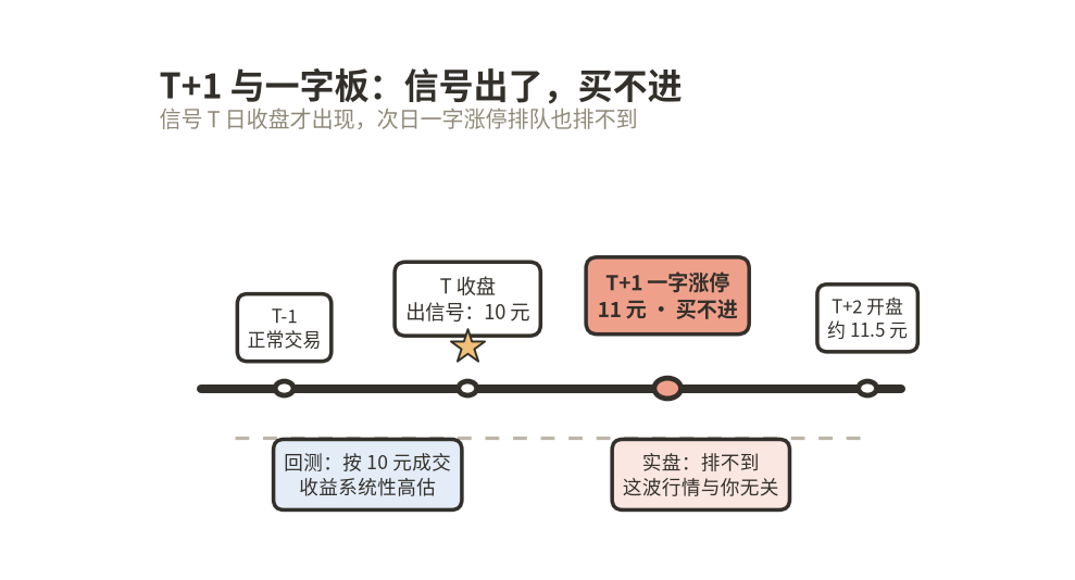 T+1 与一字涨停：信号 T 日收盘才出，次日一字板买不进